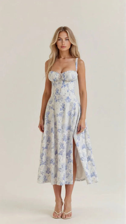 Women's Wedding Guest Floral Slip Midi Dress – Amabel in Blue, front view on model