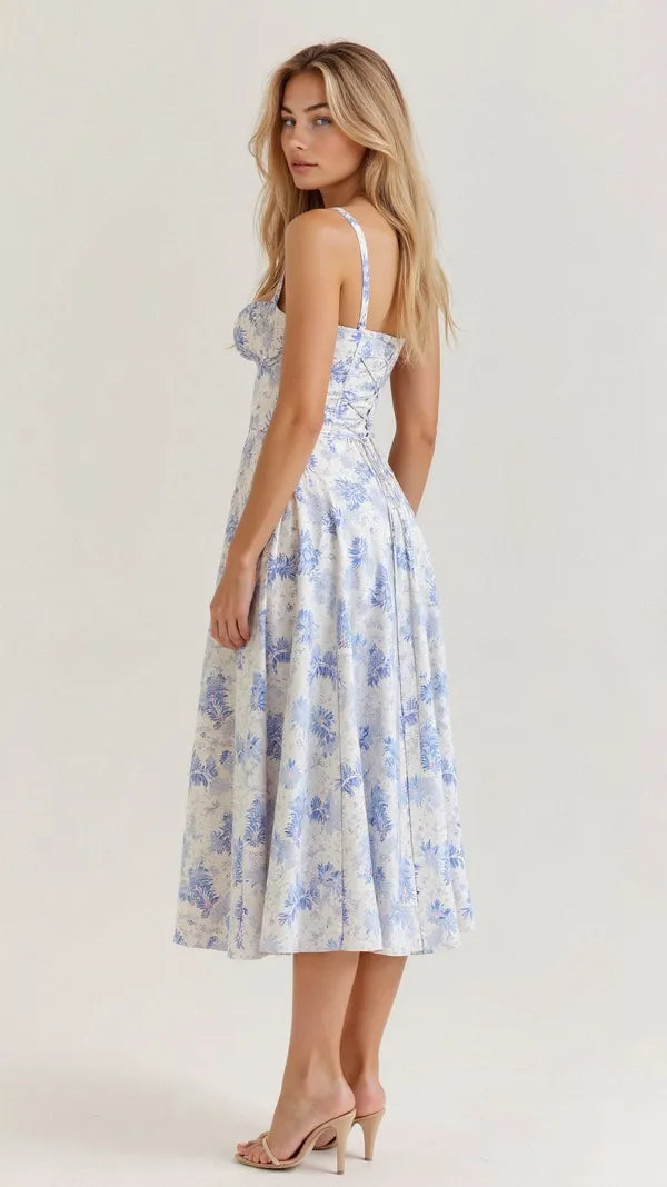 Women's Wedding Guest Floral Slip Midi Dress – Amabel in Blue, back view on model