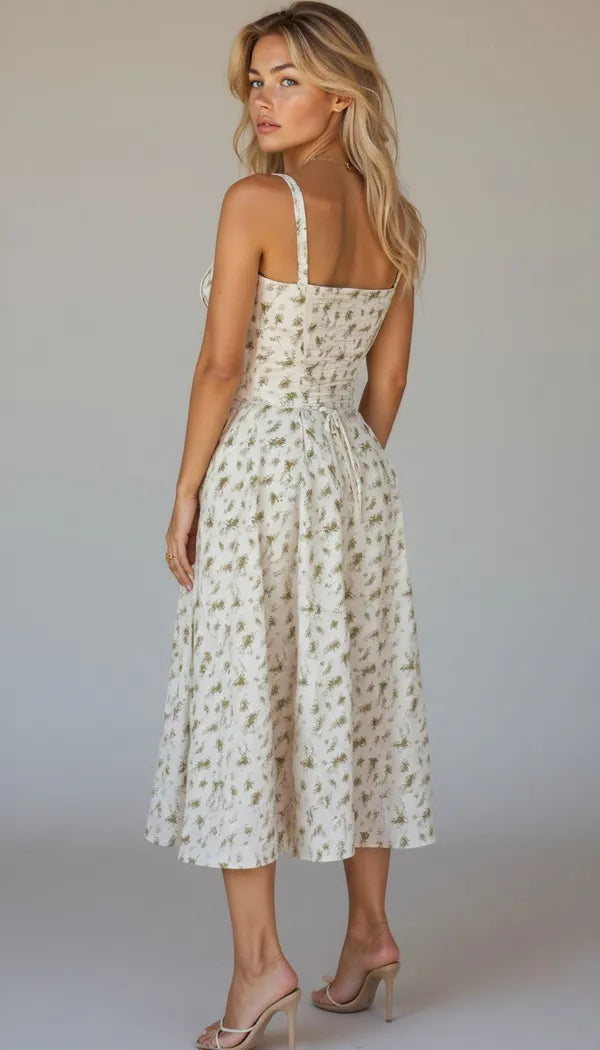 Women's Wedding Guest Floral Slip Midi Dress – Amabel in Green, back view on model