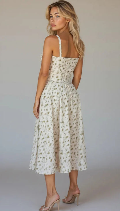 Women's Wedding Guest Floral Slip Midi Dress – Amabel in Green, back view on model