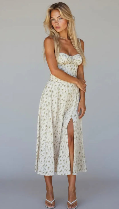 Women's Wedding Guest Floral Slip Midi Dress – Amabel in Green, front view on model