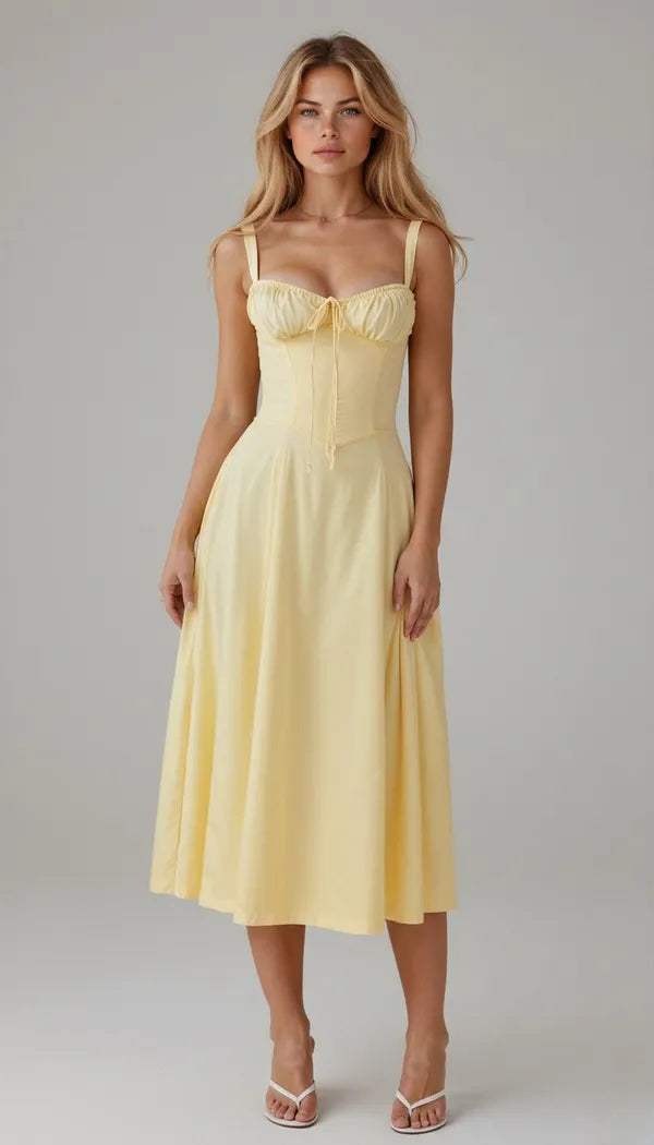Women's Wedding Guest Floral Slip Midi Dress – Amabel in Light Yellow, front view on model