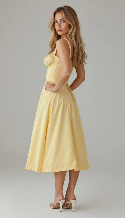 Women's Wedding Guest Floral Slip Midi Dress – Amabel in Light Yellow, back view on model