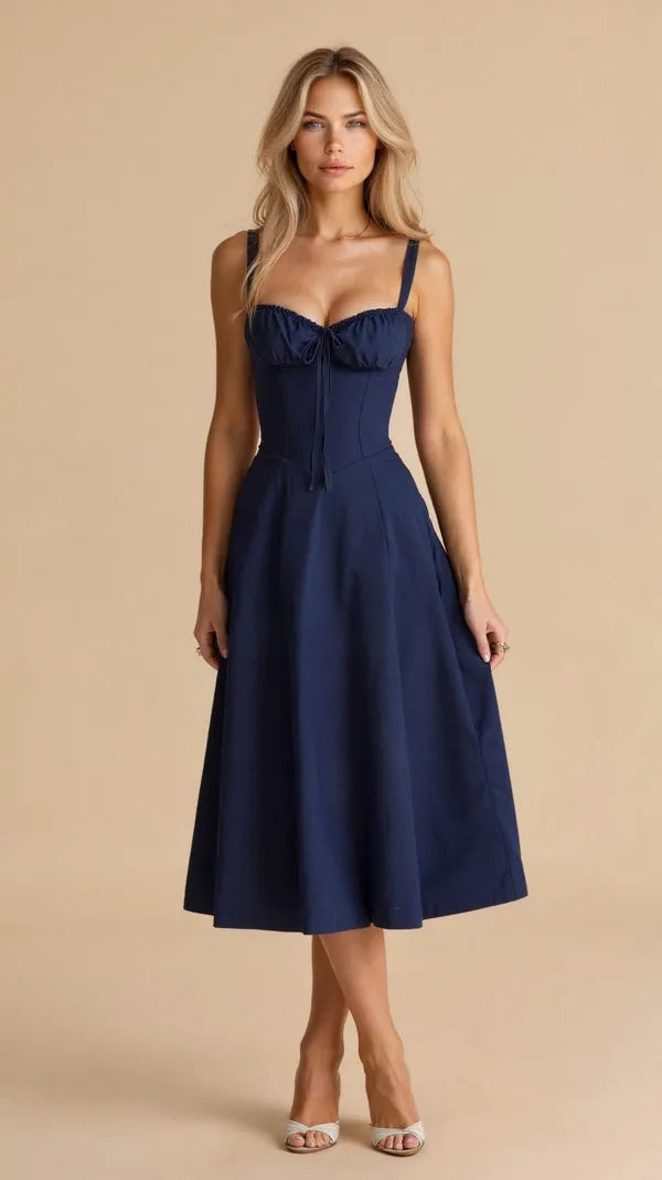 Women's Wedding Guest Floral Slip Midi Dress – Amabel in Navy Blue, front view on model