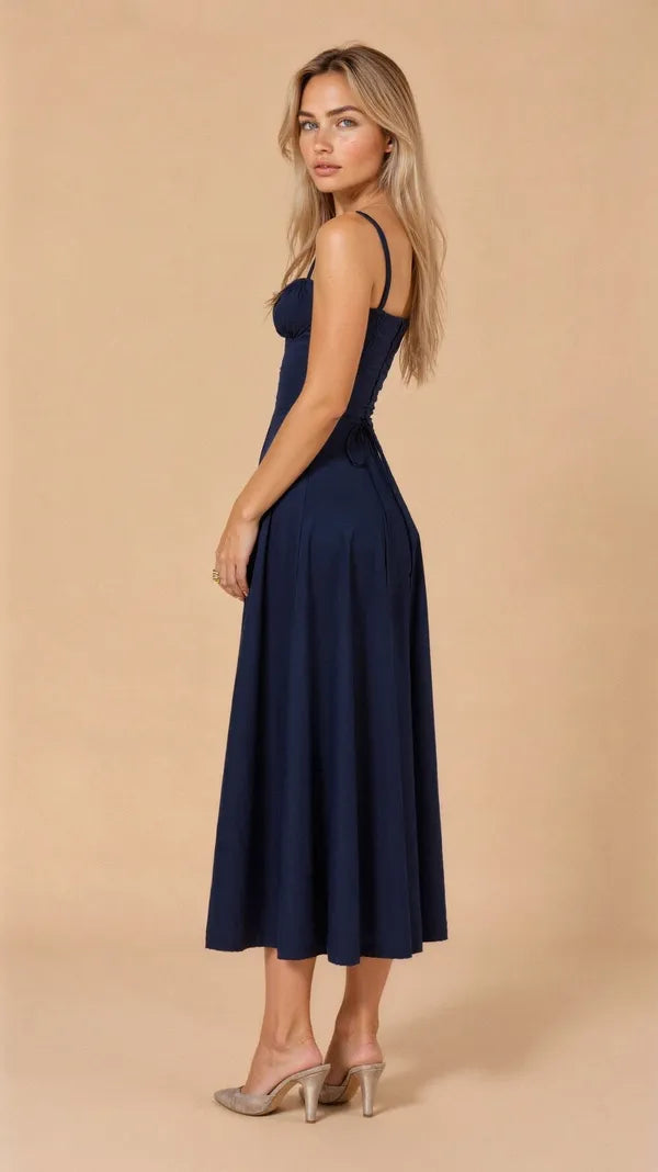 Women's Wedding Guest Floral Slip Midi Dress – Amabel in Navy Blue, back view on model