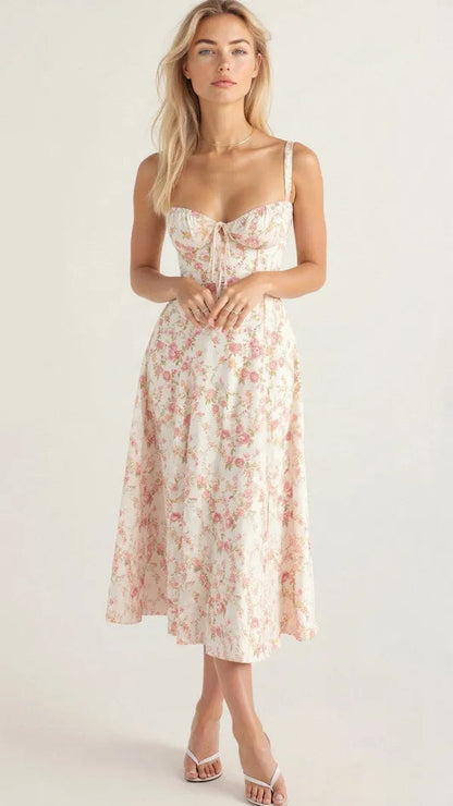 Women's Wedding Guest Floral Slip Midi Dress – Amabel in Pink, front view on model