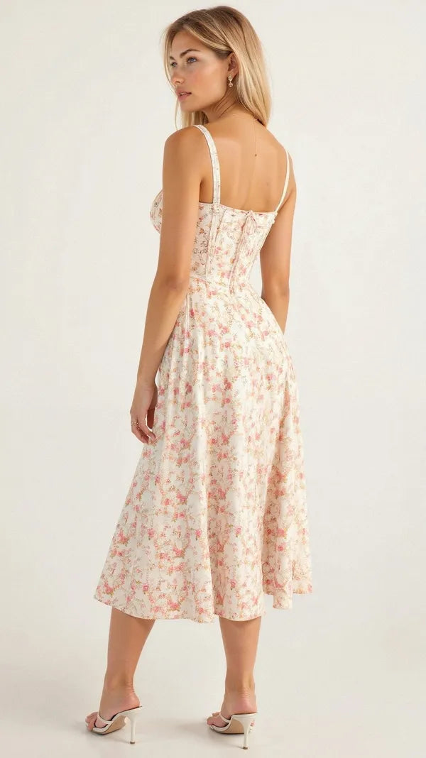 Women's Wedding Guest Floral Slip Midi Dress – Amabel in Pink, back view on model