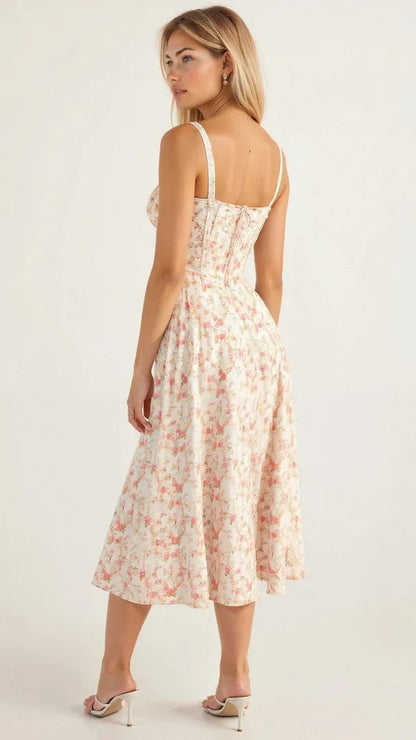 Women's Wedding Guest Floral Slip Midi Dress – Amabel in Pink, back view on model