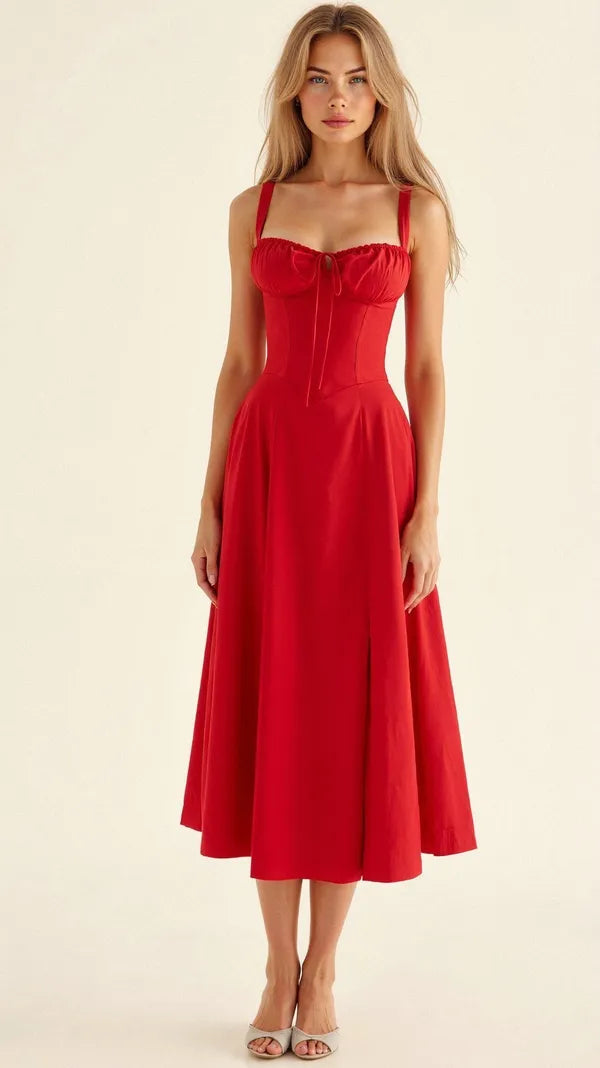 Women's Wedding Guest Floral Slip Midi Dress – Amabel in Red, front view on model