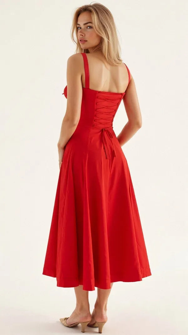 Women's Wedding Guest Floral Slip Midi Dress – Amabel in Red, back view on model