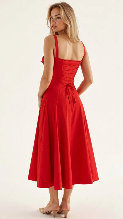 Women's Wedding Guest Floral Slip Midi Dress – Amabel in Red, back view on model