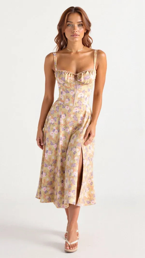 Women's Wedding Guest Floral Slip Midi Dress – Amabel in Yellow, front view on model