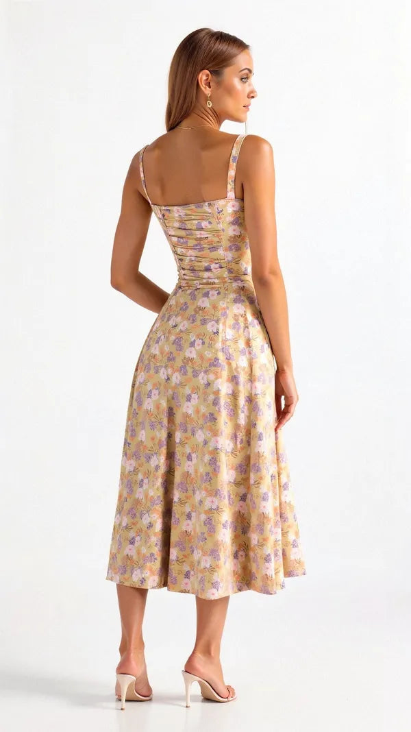 Women's Wedding Guest Floral Slip Midi Dress – Amabel in Yellow, back view on model