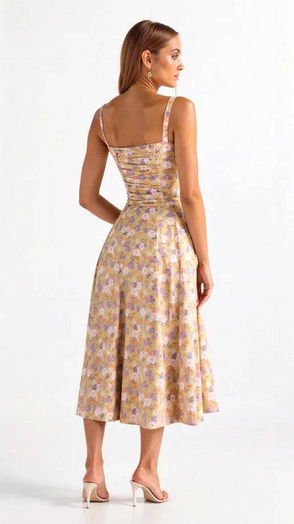 Women's Wedding Guest Floral Slip Midi Dress – Amabel in Yellow, back view on model