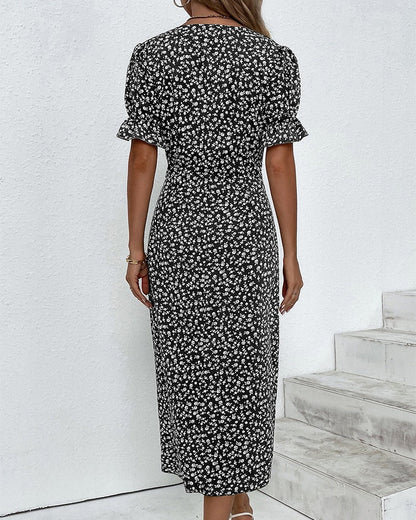 Women's Wedding Guest Floral Wrap Midi Dress – Sybil in Black, back view on model
