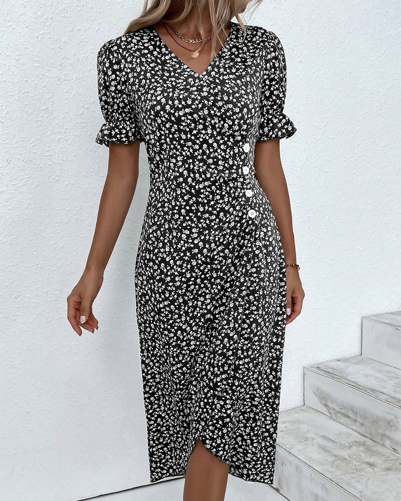 Women's Wedding Guest Floral Wrap Midi Dress – Sybil in Black, front view, model standing