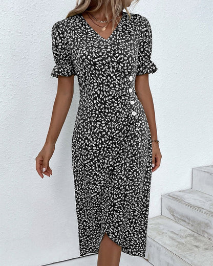 Women's Wedding Guest Floral Wrap Midi Dress – Sybil in Black, front view, model standing