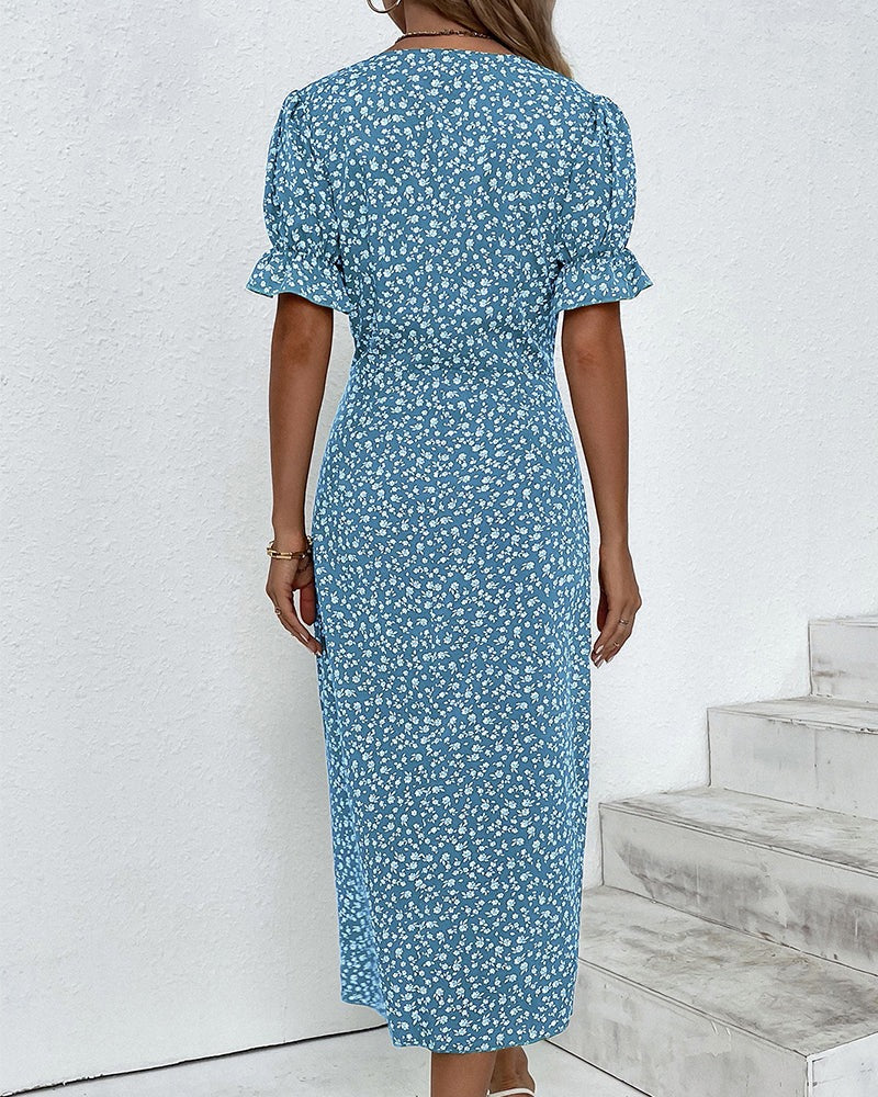 Women's Wedding Guest Floral Wrap Midi Dress – Sybil in Blue, back view on model