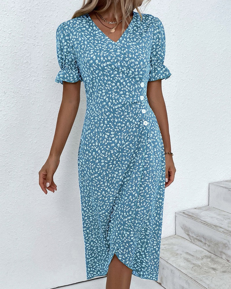 Women's Wedding Guest Floral Wrap Midi Dress – Sybil in Blue, full-length front view on model