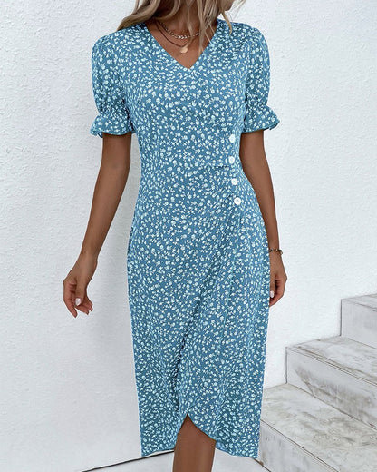 Women's Wedding Guest Floral Wrap Midi Dress – Sybil in Blue, full-length front view on model