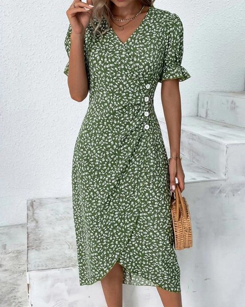 Women's Wedding Guest Floral Wrap Midi Dress – Sybil in Green, front view on model