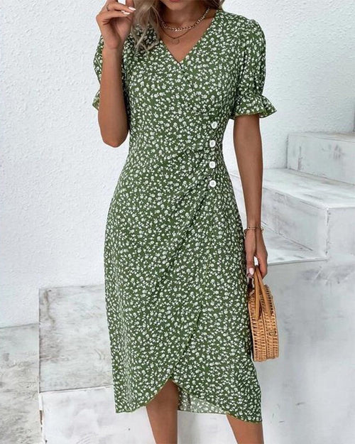 Women's Wedding Guest Floral Wrap Midi Dress – Sybil in Green, front view on model