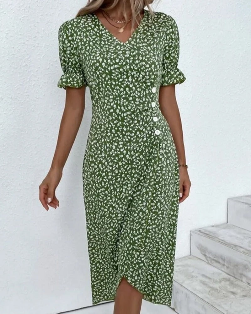 Women's Wedding Guest Floral Wrap Midi Dress – Sybil in Green, styled front view on model