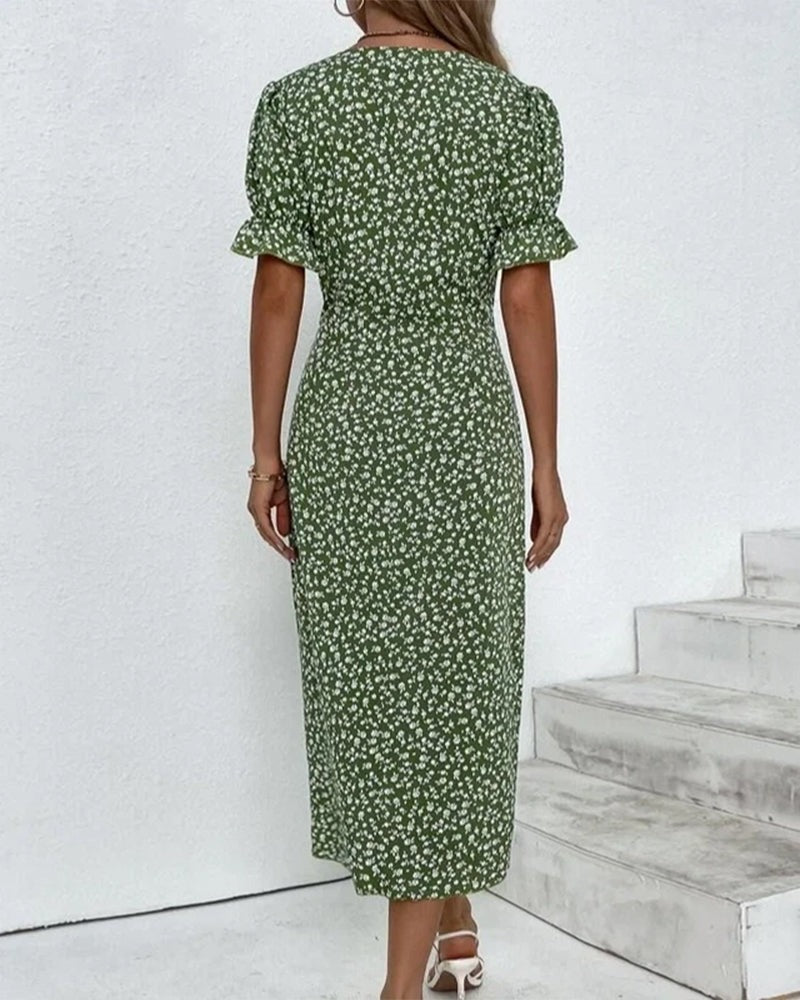 Women's Wedding Guest Floral Wrap Midi Dress – Sybil in Green, back view on model