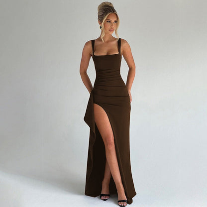 Brown Verity women's knit bodycon wedding guest maxi dress, full-length front view