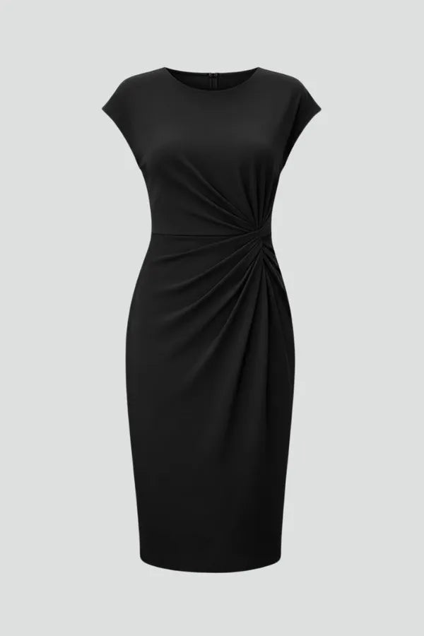Women's Wedding Guest Knit Bodycon Midi Dress – Constance in Black, flat lay product photo, no model