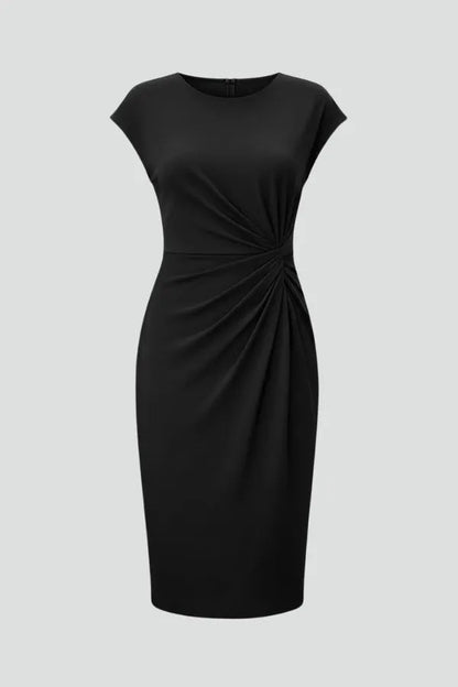 Women's Wedding Guest Knit Bodycon Midi Dress – Constance in Black, flat lay product photo, no model