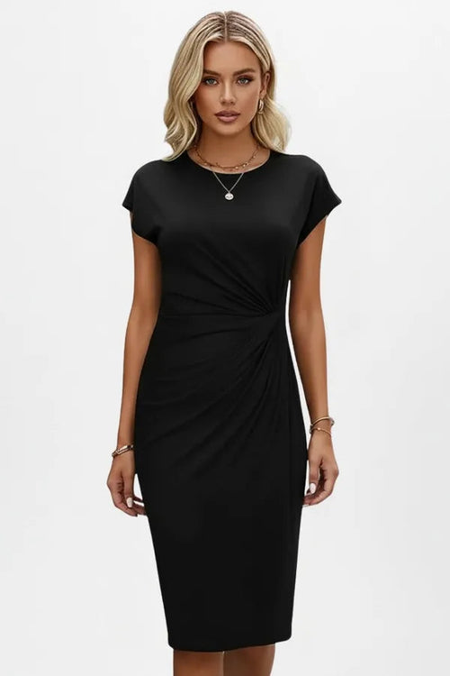 Women's Wedding Guest Knit Bodycon Midi Dress – Constance in Black, front view on model