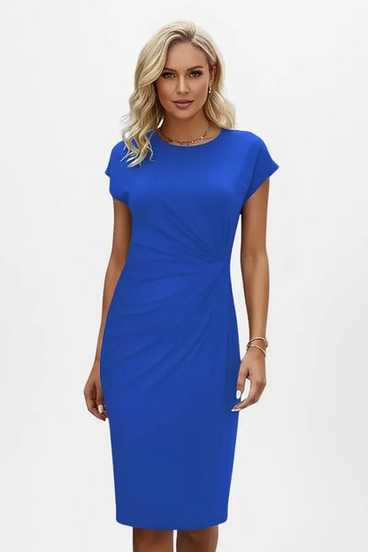 Women's Wedding Guest Knit Bodycon Midi Dress – Constance in Blue, front view on model