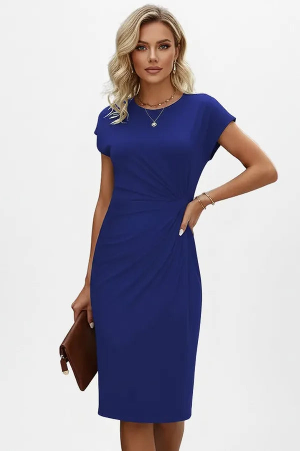 Women's Wedding Guest Knit Bodycon Midi Dress – Constance in Dark Blue, front view on model