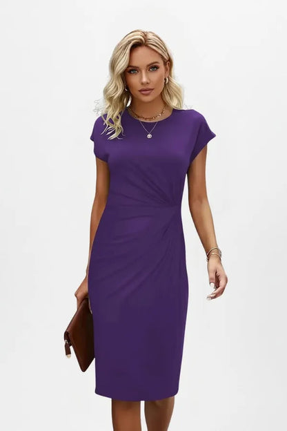 Women's Wedding Guest Knit Bodycon Midi Dress – Constance in Purple, front view on model