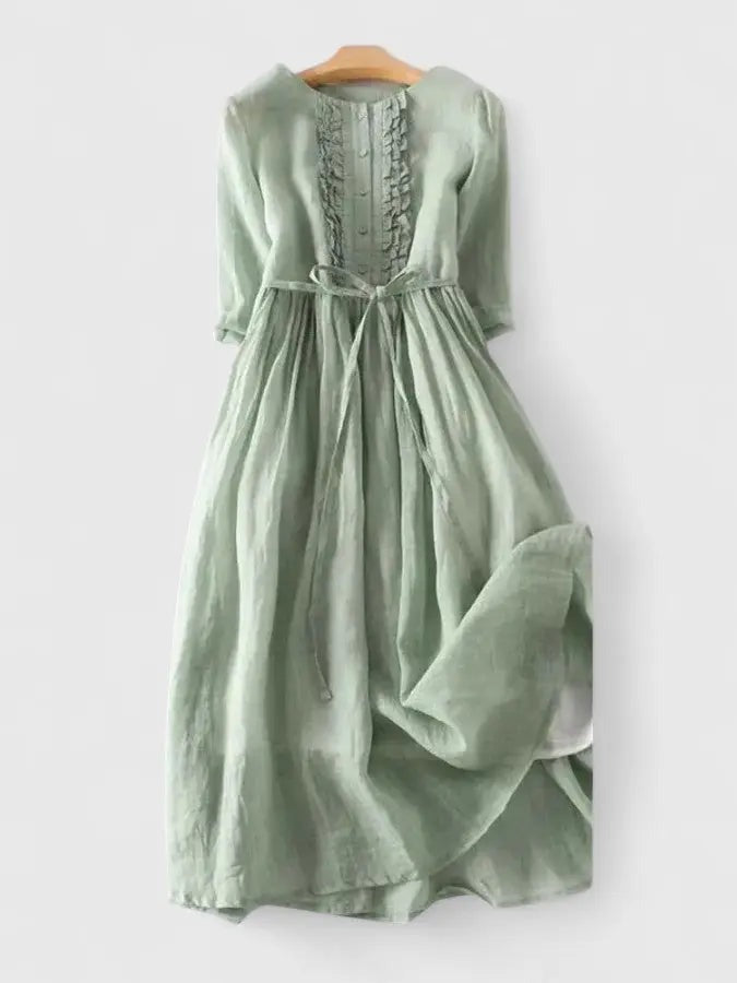 Women's Wedding Guest Satin Floral Midi Dress – Octavia in Green, flat lay product photo, no model