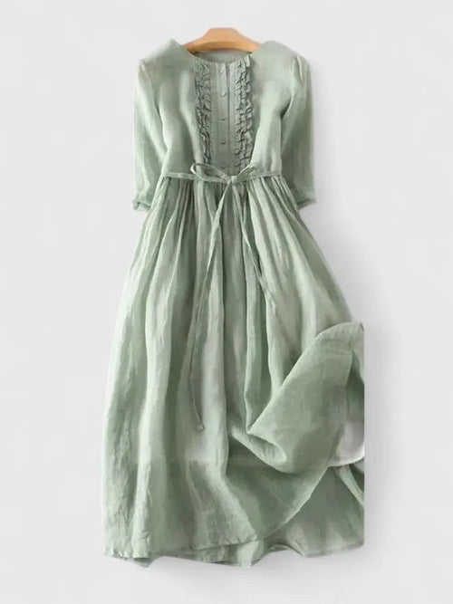 Women's Wedding Guest Satin Floral Midi Dress – Octavia in Green, flat lay product photo, no model