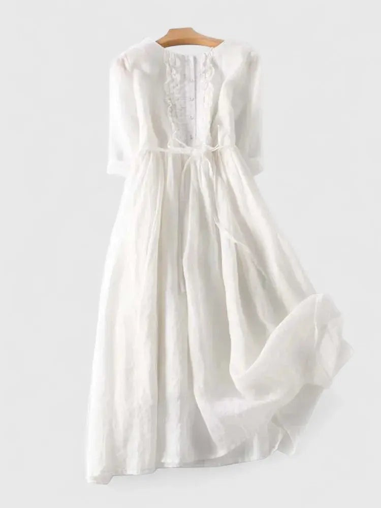 Women's Wedding Guest Satin Floral Midi Dress – Octavia in White, flat lay product photo, no model