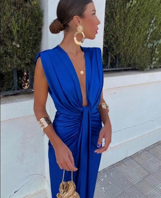 Women's Wedding Guest Satin Bodycon Midi Dress – Augusta in Blue, side view on model