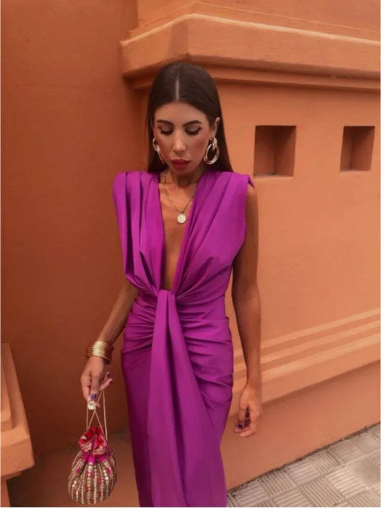 Women's Wedding Guest Satin Bodycon Midi Dress – Augusta in Fuchsia, front view on model
