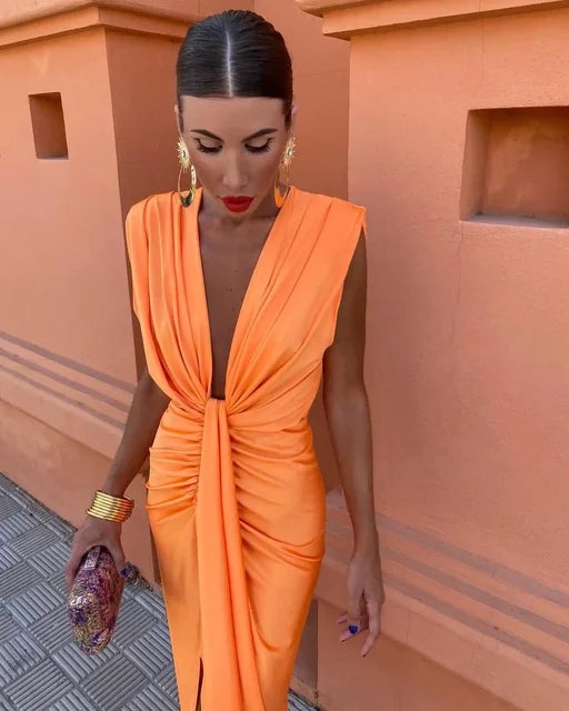 Women's Wedding Guest Satin Bodycon Midi Dress – Augusta in Orange, front view on model