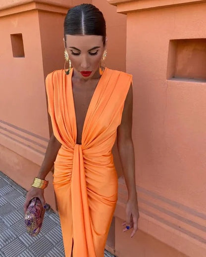 Women's Wedding Guest Satin Bodycon Midi Dress – Augusta in Orange, front view on model