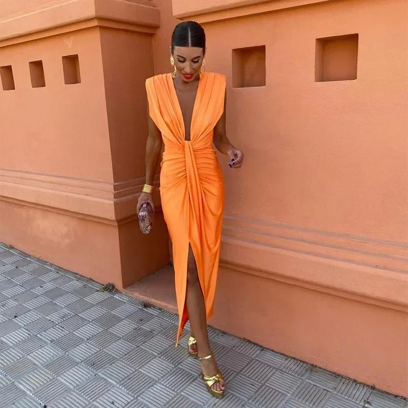 Women's Wedding Guest Satin Bodycon Midi Dress – Augusta in Orange, styled front view on model