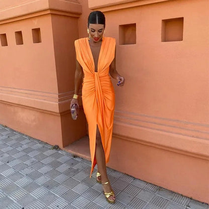 Women's Wedding Guest Satin Bodycon Midi Dress – Augusta in Orange, styled front view on model