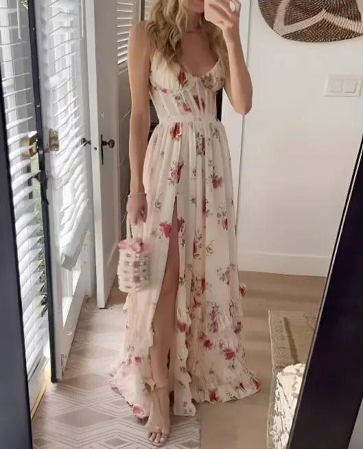 Philippa women's wedding guest satin floral maxi dress in white, mirror front view