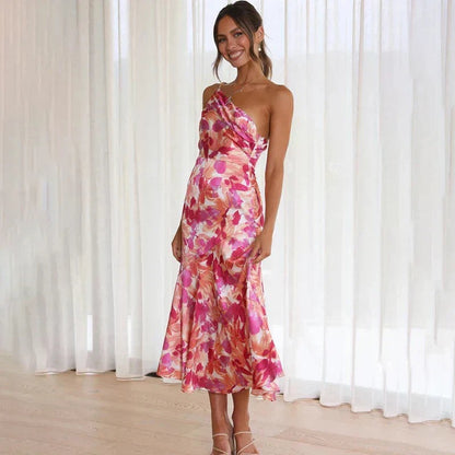 Women's Wedding Guest Satin Floral Midi Dress – Winifred in Pink, styled front view on model