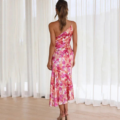 Women's Wedding Guest Satin Floral Midi Dress – Winifred in Pink, back view on model