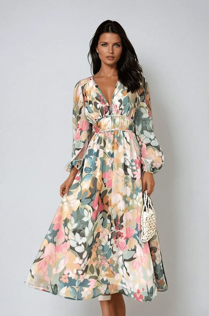 Women's Wedding Guest Satin Floral Summer Midi Dress – Priscilla in its floral print colourway, front view on model