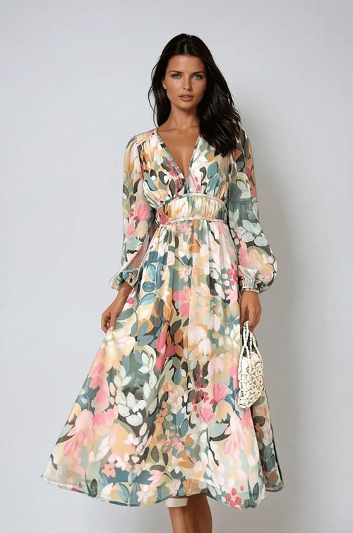 Women's Wedding Guest Satin Floral Summer Midi Dress – Priscilla in its floral print colourway, front view on model