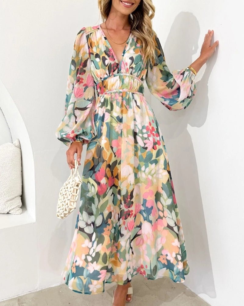 Women's Wedding Guest Satin Floral Summer Midi Dress – Priscilla in its floral print colourway, styled front view on model